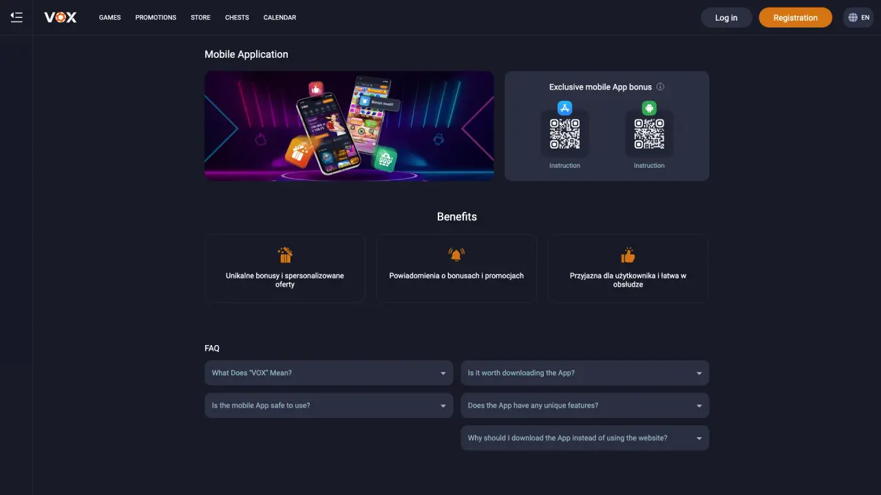 Widok strony aplikacji Vox Casino na desktopie
