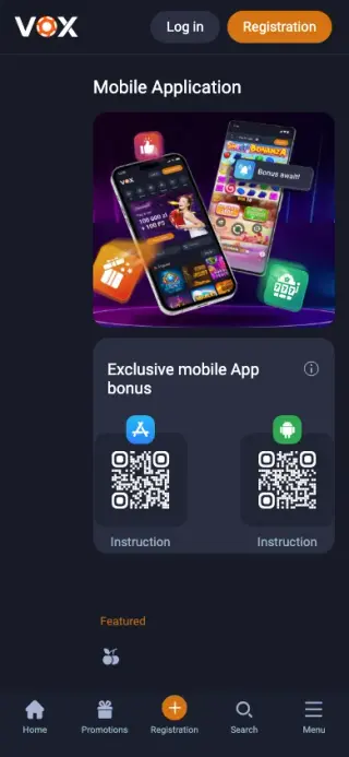 Widok strony aplikacji Vox Casino na telefonie