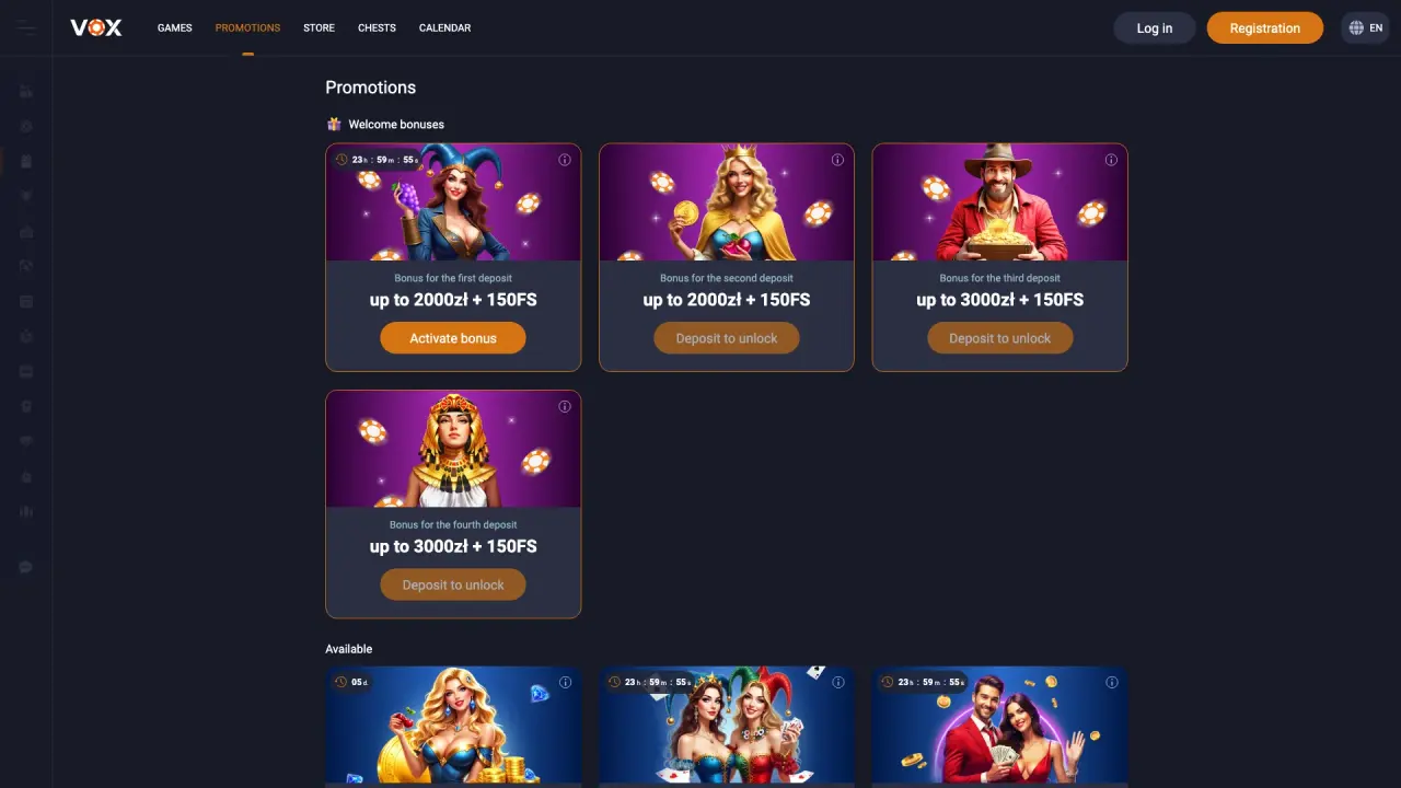 Widok sekcji bonusów Vox Casino na desktopie