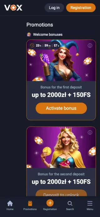 Widok sekcji bonusów Vox Casino na telefonie