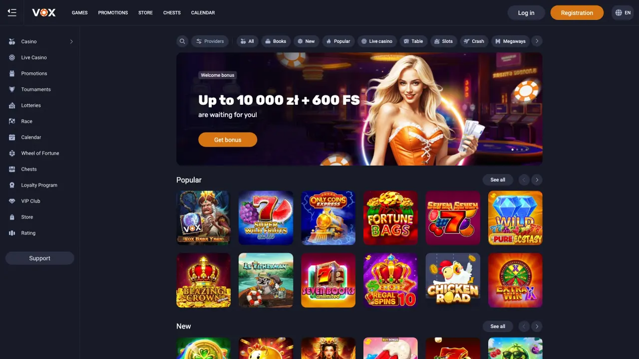 Widok strony głównej Vox Casino na desktopie