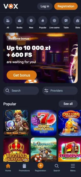 Widok strony głównej Vox Casino na telefonie