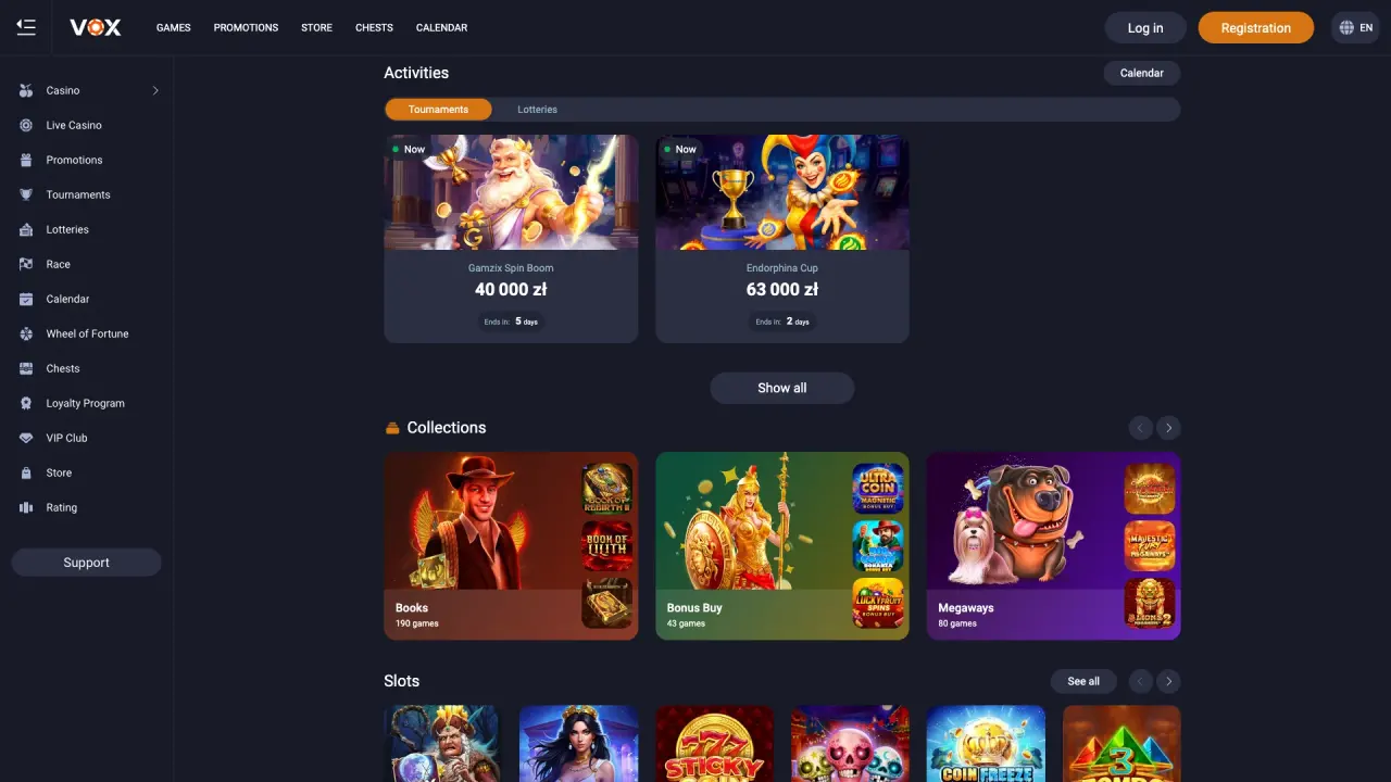 Widok sekcji strony głównej Vox Casino na desktopie